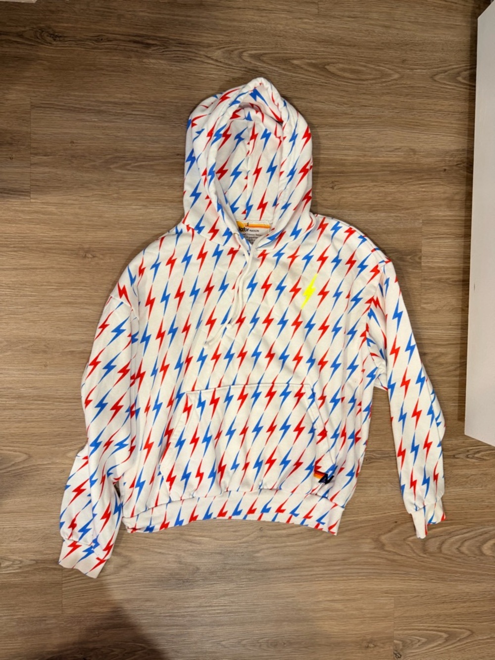 Aviator Nation White Hoodie with Red & Blue Lightning Bolts